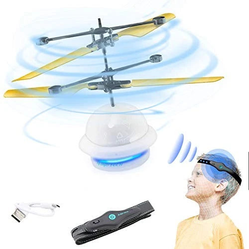 Mini toy drone with yellow propellers and remote controller, plus head headset