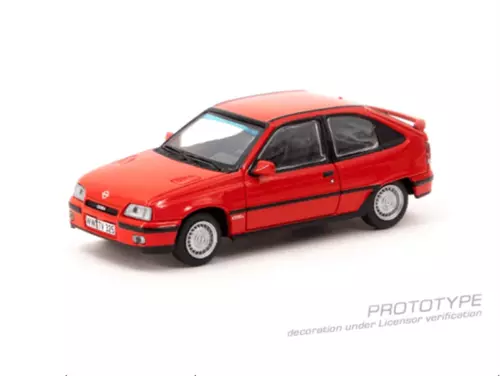 Red Opel Kadett GSi 1:64 diecast coupe model, front three-quarter view
