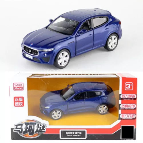 Blue SUV diecast model car, Maserati Levante GTS, in retail box
