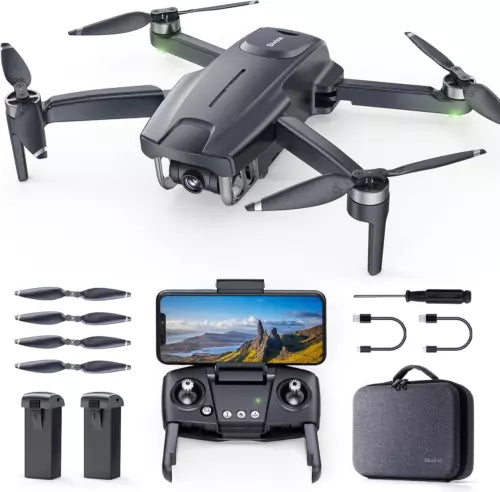 Mini GPS quadcopter drone with camera, controller, spare batteries, and carrying case