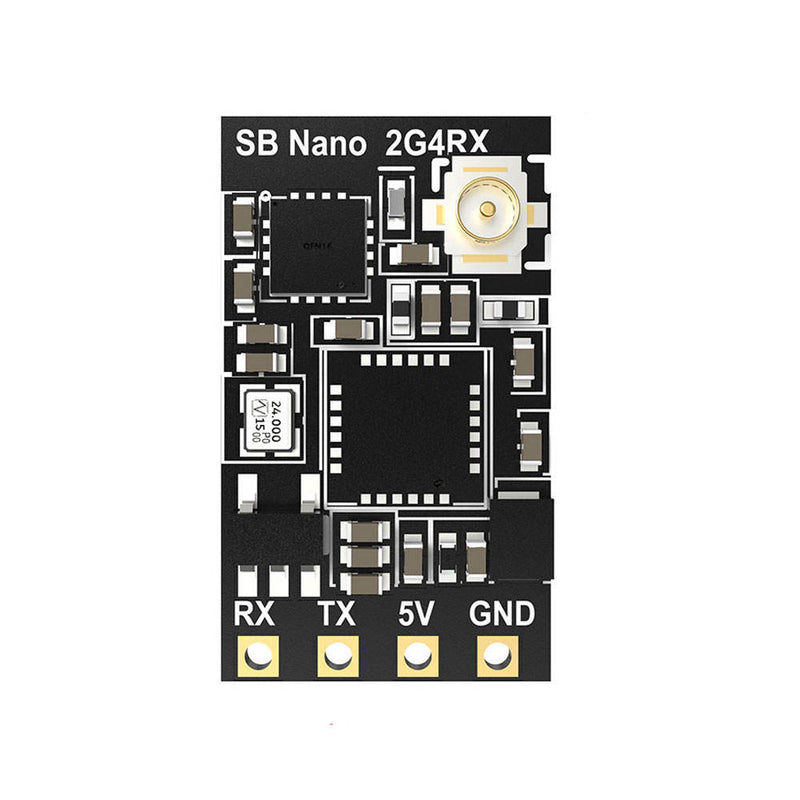 FPV receiver circuit board with gold antenna pad and labeled RX TX 5V GND terminals