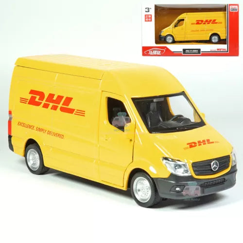 Yellow DHL Sprinter diecast van toy with Mercedes logo, front-left view