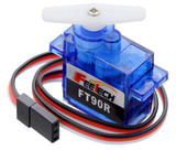 Mini continuous rotation servo motor, blue housing with wires and Feetech FT90R label