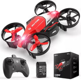 Red mini RC quadcopter with four black propellers, controller and battery pack.