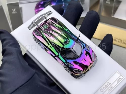 1:64 scale electroplated diecast metal sports car model, green and iridescent chrome