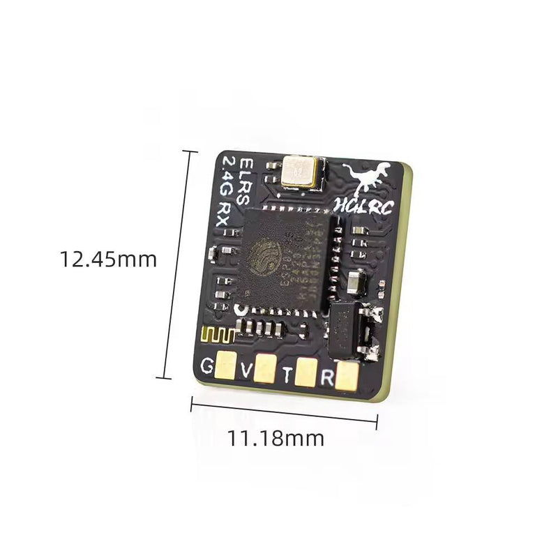 Compact RC receiver circuit board with microcontroller and antenna pads, dark PCB