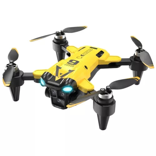 Yellow quadcopter drone with four propellers and front camera module