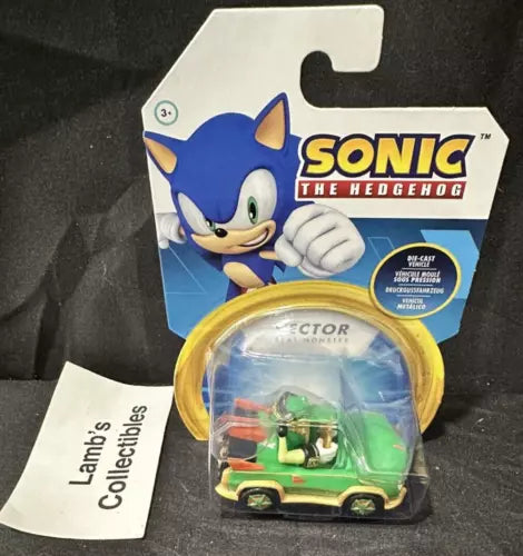 Green diecast monster car with Sonic character, sealed in blister pack