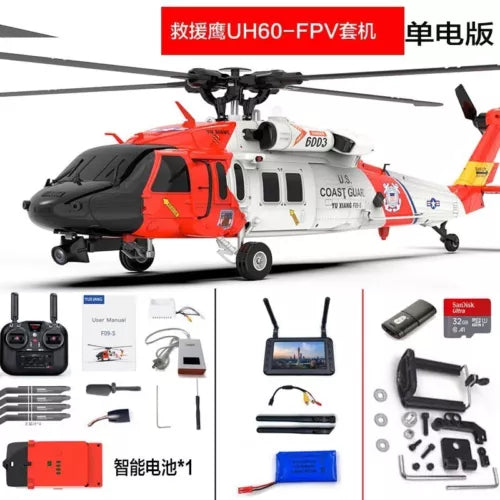 Orange and white FPV remote control helicopter drone with camera and display screen