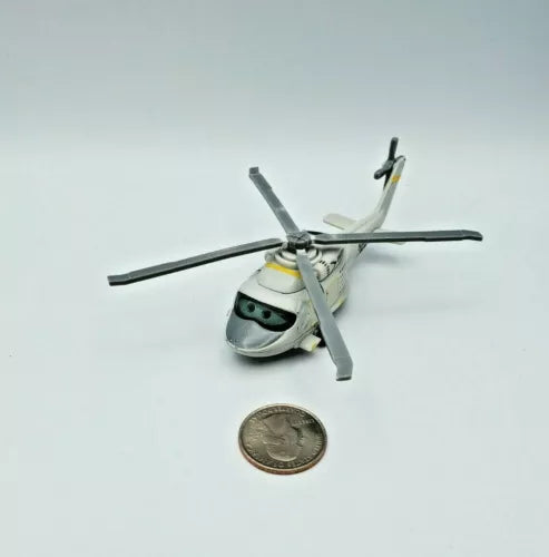 Diecast metal helicopter toy with four blades, white body and black details, 1:55 scale
