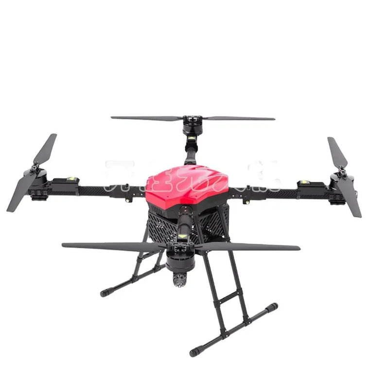 Quadcopter drone with four propellers, dark frame, red top module, landing legs