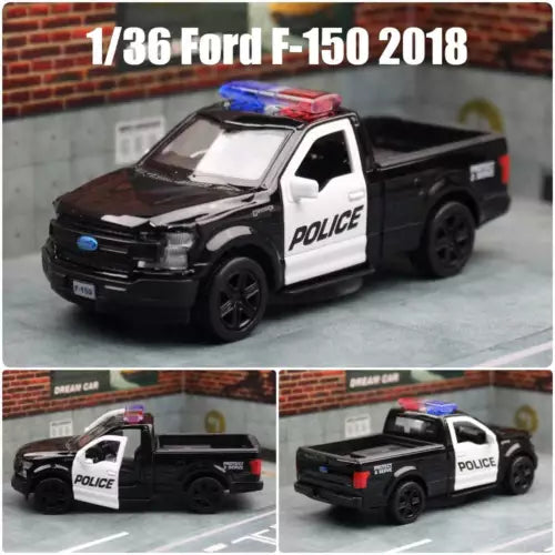 Police Ford F-150 2018 diecast model pickup, black and white with blue light bar.