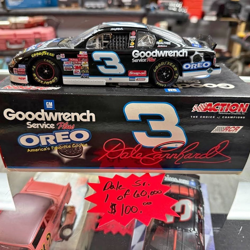 Black NASCAR diecast car, No. 3 Goodwrench Oreo, in retail box packaging