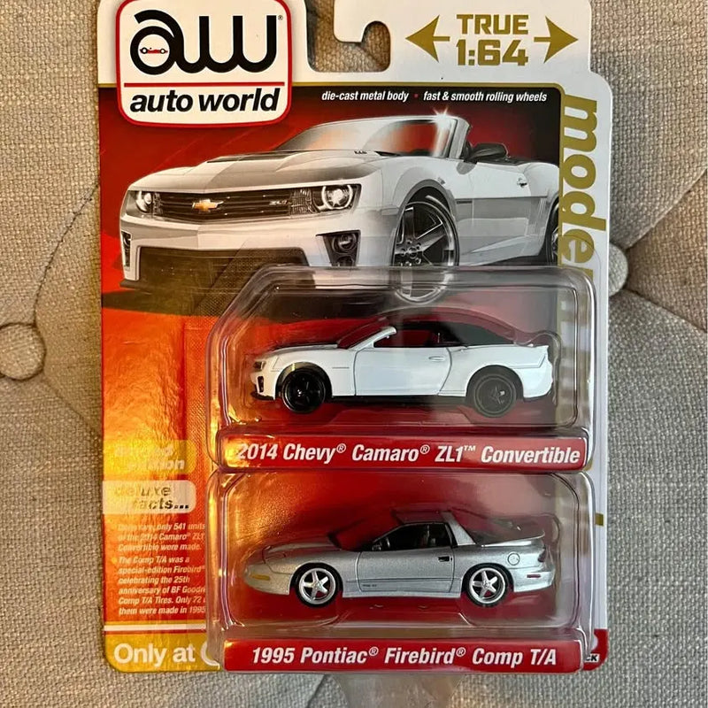 Two-car diecast set blister: gray Camaro and silver Firebird cars