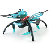 Butterfly-style RC quadcopter drone with blue wings, black body, and LED lights