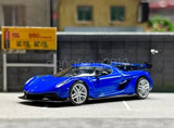 Blue racing sports diecast metal model car with front 3/4 view