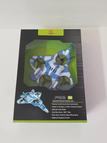 Zego F22 RC fighter jet drone in retail box, blue-and-white jet graphics