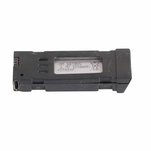 Portable drone lithium battery, black housing with printed label and charging connector