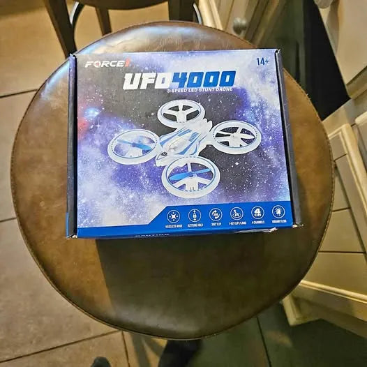 Kids drone kit box with UFO 4000 design and four propeller drones