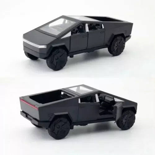 Diecast Tesla Cybertruck pickup SUV toy model, dark gray with open cab windows