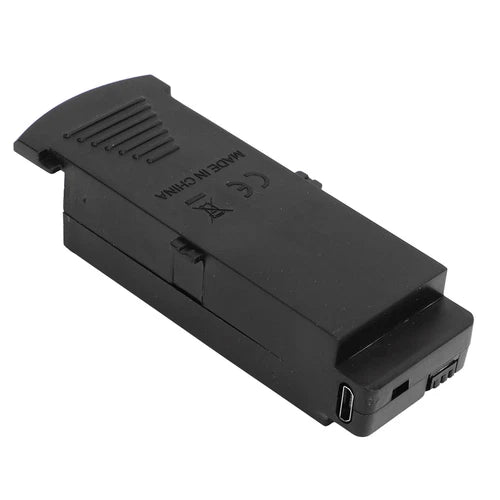 Black 3.7V drone battery pack with charging connector and battery label