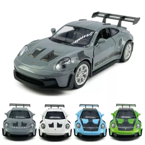 Grey diecast model sports car with rear wing, 1:36 scale, pull-back toy vehicle