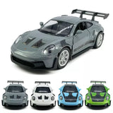 Grey diecast model sports car with rear wing, 1:36 scale, pull-back toy vehicle