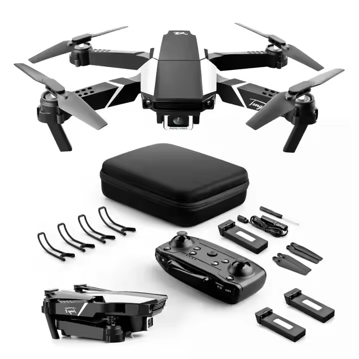 Foldable quadcopter drone with four propellers, remote controller, and mounting accessories