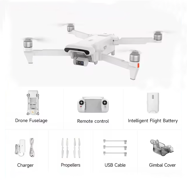 White quadcopter drone with 3-axis gimbal, camera and included controller and battery