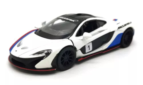 White diecast model car with black hood, blue-red racing stripes, front view