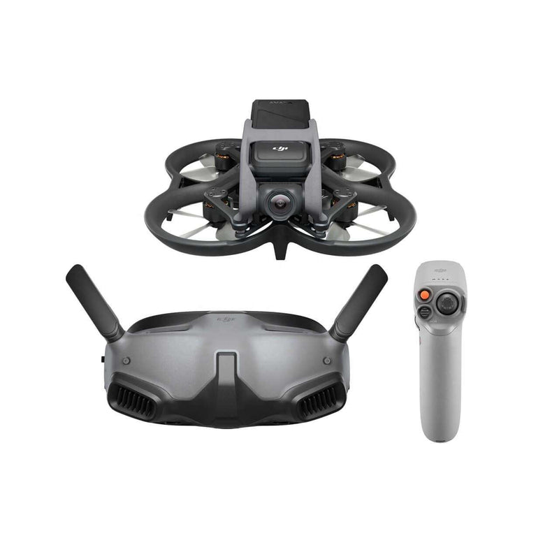 Gray quadcopter drone with controller and folded antennas, front camera on gimbal