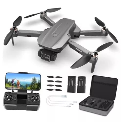 Gray quadcopter drone with camera, remote, extra propellers, battery and screen case