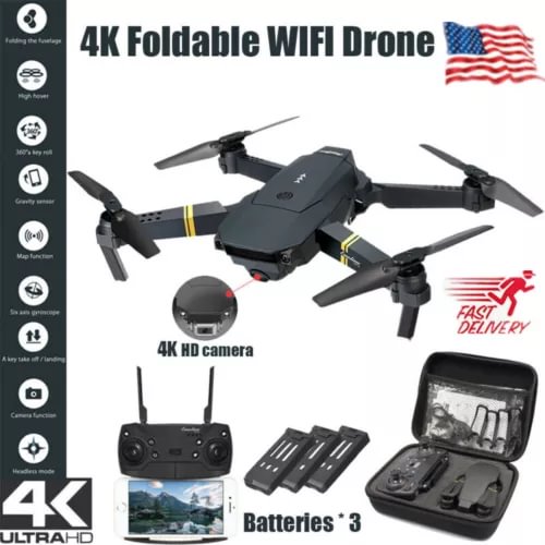Foldable quadcopter drone with front camera and four propellers, plus controller and case