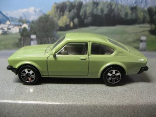 Lime green die-cast coupe toy car with black wheels, side profile