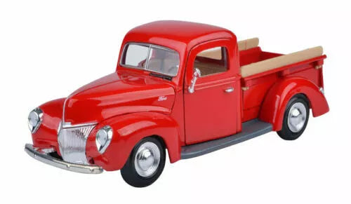 Red 1940 Ford pickup diecast car, open cargo bed, 1:24 scale model