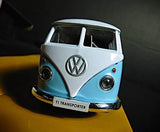 Diecast VW Bus Kombi toy, front view, light blue/white with VW logo and chrome bumper