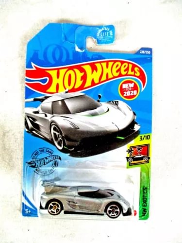 Metallic silver and black diecast sport car on Hot Wheels blister pack, front view