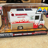 Deadpool taco truck diecast model in white and red with flames, side view