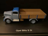 Opel Blitz S 3t diecast flatbed truck, blue cab and tan cargo bed, 1/43 scale