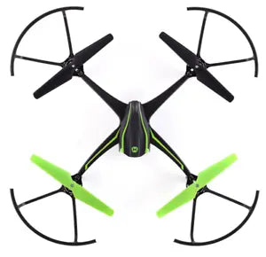 Quadcopter drone with black frame and green propellers, four wing arms