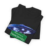 Black unisex heavy T-shirt with blue UFO drone graphic and 'Welcome to New Jersey' text