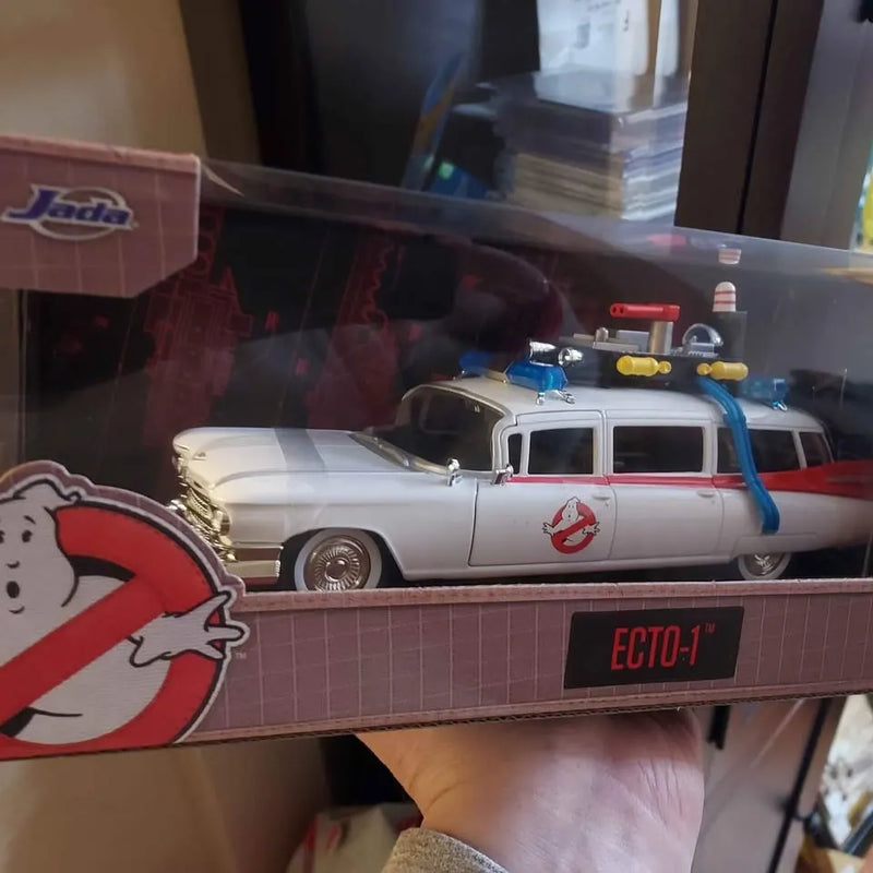 Ecto-1 diecast model car with blue hoses and ECTO-1 front sign