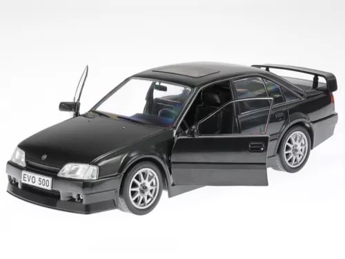 Black diecast model car, 1:24 scale, Opel Omega sedan with open door