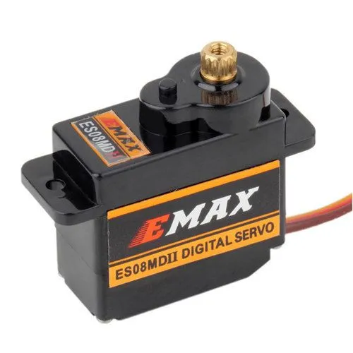 Digital RC mini metal gear digital servo, black with EMAX ES08MDII label and orange accents