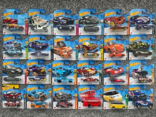 Hot Wheels single diecast car assortment in blue blister packs, various colors