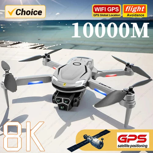 Quadcopter drone with camera module, four propellers, GPS on white body