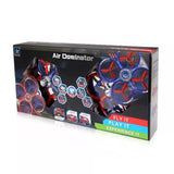 RC quadcopter drone in retail box with blue propellers and red frame graphics