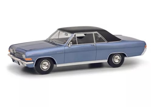 1:18 diecast coupe model car in light blue with black roof and interior