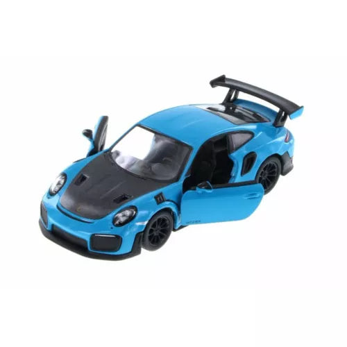 Blue diecast sports car toy with open hood and door, detailed wheels
