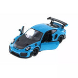 Blue diecast sports car toy with open hood and door, detailed wheels